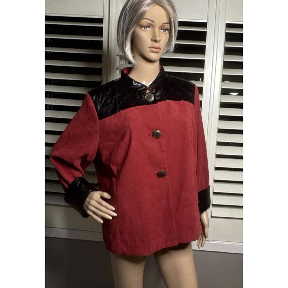 Bob Mackie LG Jacket Red With Black Leather Trim Wearable Art SZ LARGE